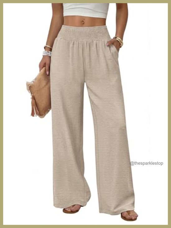 Pants - Wide Leg High Waist Pants with Pockets, 100% Polyester, Casual Trousers